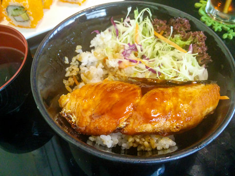Grilled salmon with rice,japan food style