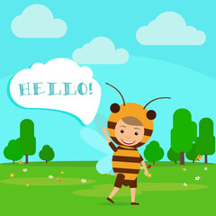 Obraz na płótnie Canvas Kid in fancy insect bee dress with speech bubble in kindergarten. Vector Illustration