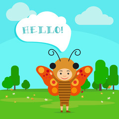 Kid in fancy insect dress with speech bubble in kindergarten. Vector Illustration