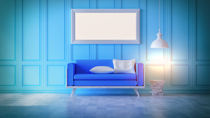 interior room minimalist design ,blue pastel color style ,sofa and lamp ,3d illustration ,concept design ,copy space