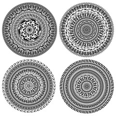 Set of ornament monochromatic card with mandala. Round ornamental vector shape isolated on white. Vector illustration in black and white colors.
