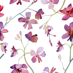 Orchids purple seamless pattern. Watercolor painting.