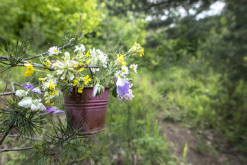 Fototapeta na wymiar Bucket with wildflowers
