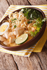 Malaysian laksa soup with chicken, egg, noodles and herbs close up in a bowl. vertical