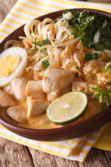 Laksa soup with chicken, egg, rice noodles, bean sprouts and coriander close-up. Vertical