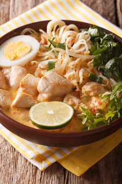 Asian thick soup with chicken, egg, rice noodles, bean sprouts close-up on the table. vertical