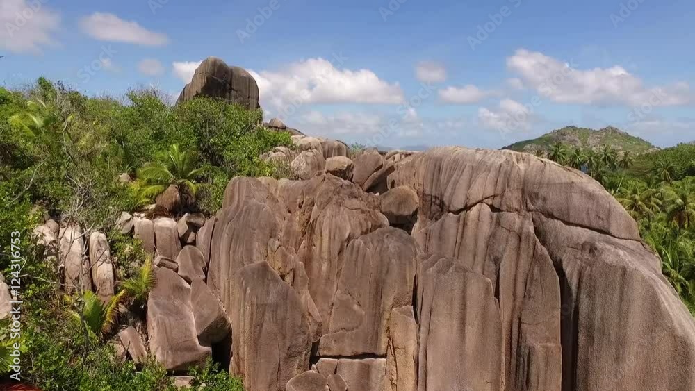 Wall mural Aerial view of Seychelles tropical beach on La Digue island.