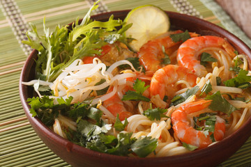 Malaysian laksa soup with prawns close up in a bowl. horizontal