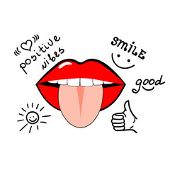 Open mouth sticking out tongue, hand lettering positive vibes, smile vector illustration