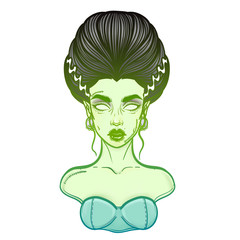 The bride of Frankenstein Girl Line Art. Hand drawn illustration. Girl in Halloween costumes - 124317514