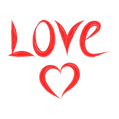 Valentine's Day greeting card on white background, vector illustration. Watercolor red painted heart and text LOVE. Element for your design.