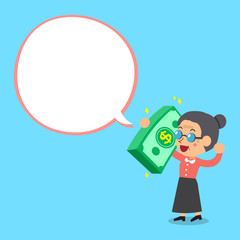Senior woman carrying big money stack with white speech bubble