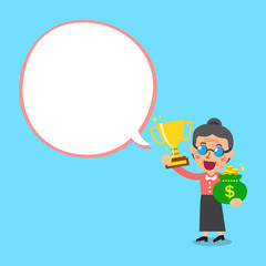 Senior woman holding trophy and money bag with white speech bubble