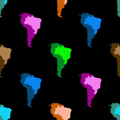 Map Of South America. Latin America. Brazil. Seamless pattern. Black background.