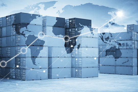 Businesss charts with Map global logistics partnership connection, Container Cargo background.