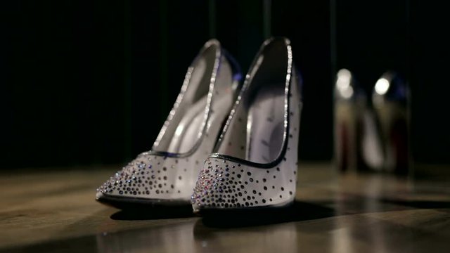 Wedding shoes handmade. Mirror beautiful Shoe. Artificial lighting wedding shoes.