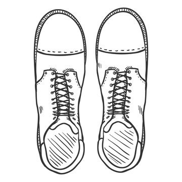 Vector Sketch Illustration - High Leather Army Boots. Top View