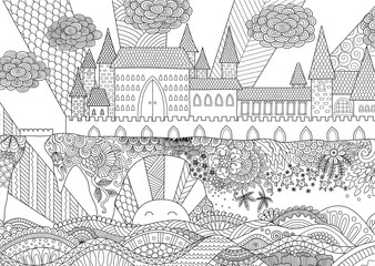 Zendoodle castle landscape for background, adult coloring and design element. Stock vector.