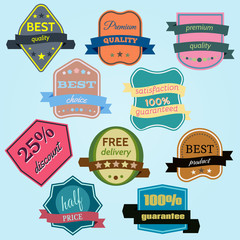 Set of Vector Badges with Ribbons. Web stickers and labels. Isolated vector illustration.

