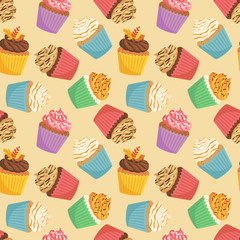 Vector seamless pattern with set of autumn cupcakes on beige background. Sweet pastry collection illustration.