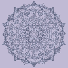 Vector icon of mandala in light tones on beige background. Doodle zentangle style. Indian ornament.