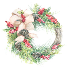 winter wreath watercolor illustration of holidays - 124323982