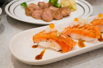 Grilled salmon sushi