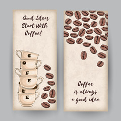 Set of two vertical banners with coffee cups and beans