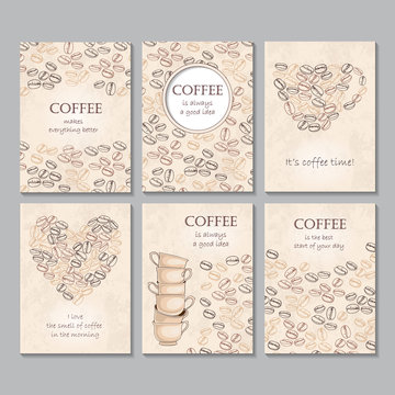 Set of six vector vertical cards with coffee beans and quotes
