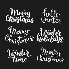 Vector hand written phrase collection about winter. Lettering on dark isolated background. White ink quote for your overlay and card design.