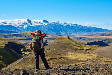 woman hiker on the trail, hiking in Iceland