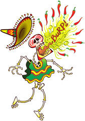 Mexican skeleton wearing a big hat and poncho while making a big effort to burp hot chili peppers in a loud and painful way