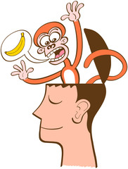 Mischievous monkey going out of the head of a man in meditation. The monkey is furiously asking for bananas by using a speech bubble. The man keeps meditating, half-smiling, peaceful, unruffled