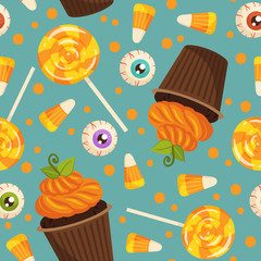Materiał do szycia Halloween pattern with sweets on turquoise background. Cupcakes, lollipop, candy corn and evil eye sweets.