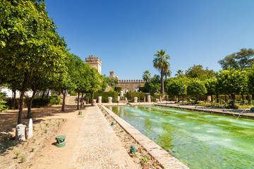 Fountain and gardens of Alcazar de los Reyes Cristianos, Cordoba, Andalusia province, Spain.