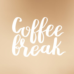 Vector illustration of coffee phrase calligraphy on blurry brown background. White ink hand written quote about coffee.