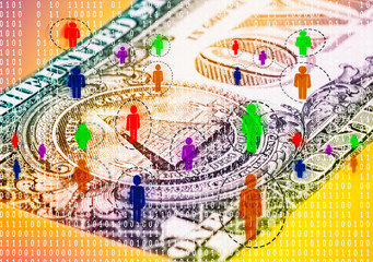 P2P lending concept.  Peer to Peer icons on closed up of abstract digital binary code on one USD. bank note