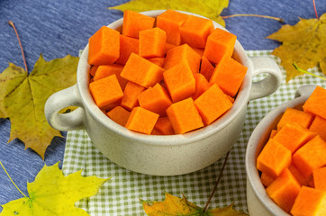 fresh and juicy slices of pumpkin in a pot