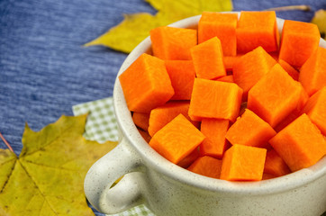 fresh and juicy slices of pumpkin in a pot