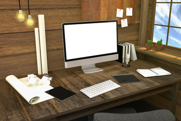 3D Rendering : illustration of modern creative workplace.PC monitor on wooden table and wooden room.translucent curtain and glass window with sunlight shining from the outside.clipping path included