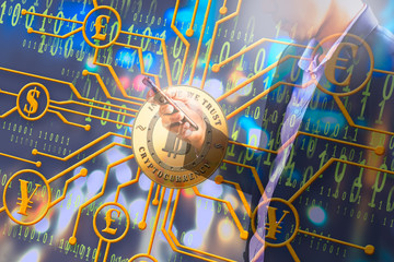 Fintech and digital money concept. Business man using smart phone and bitcoin connection diagram on screen.