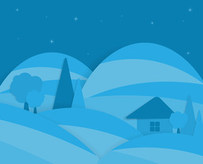 Night rural farm scenic with mountains in background. Flat style vector illustration.Eps10