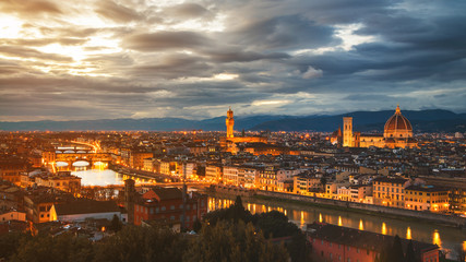 Fototapeta na wymiar Aerial panoramic view of illuminated Florence, Italy