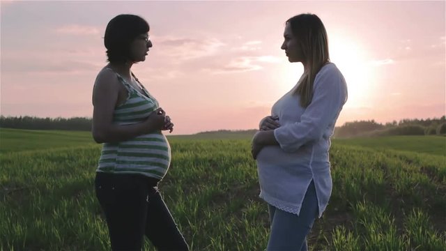 Two pregnant women talking a conversation at sunset.