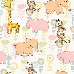 Vector hand draw seamless pattern with animals.