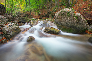 Beautiful autumn landscape with mountain river, stones