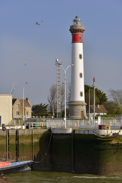 Lighthouse of Ouistreham at low tide in the Calvados department in the Basse-Normandie region in northwestern France.