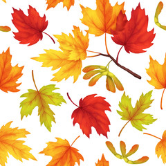 Materiał do szycia Raster seamless pattern with maple leaves. Autumn textile design in watercolor style. Template on white isolated background.
