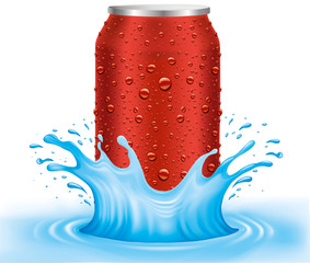 Fototapeta premium red tin, can with water drops standing in water