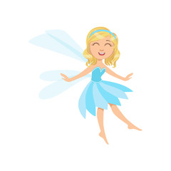 Fototapeta na wymiar Cute Fairy In Blue Dress Girly Cartoon Character